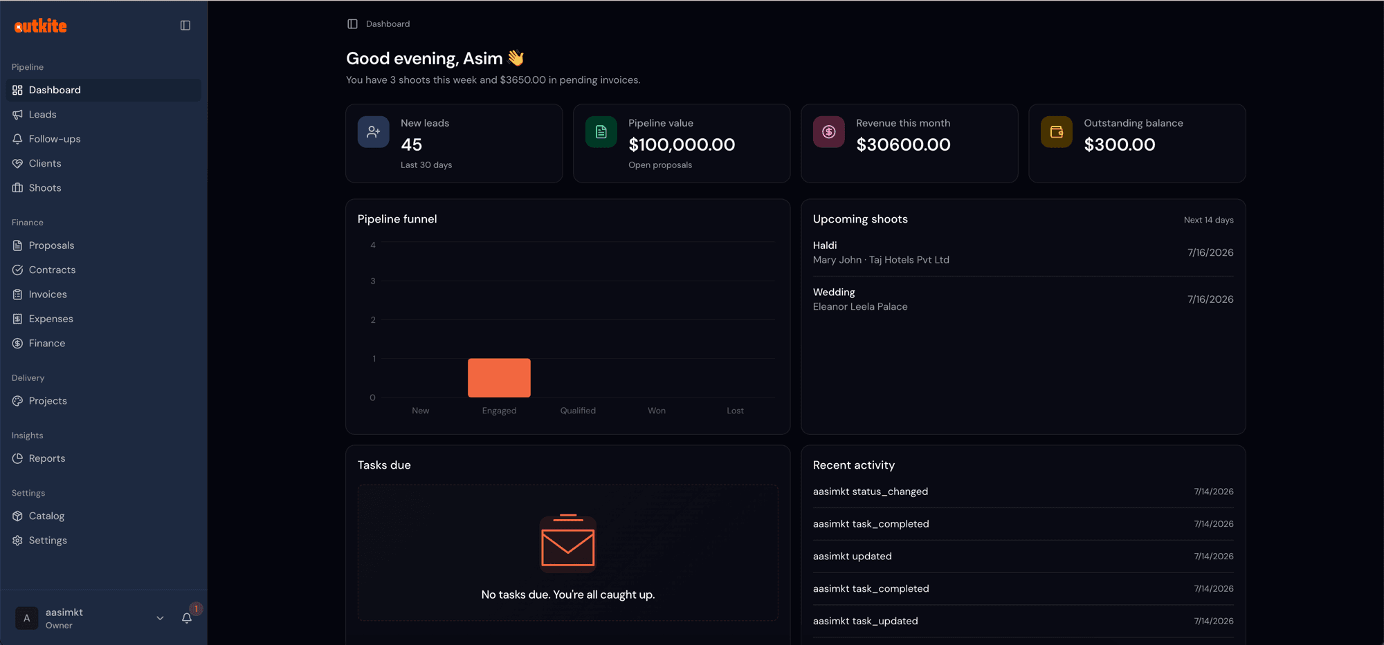 Outkite dashboard showing a wedding studio's work