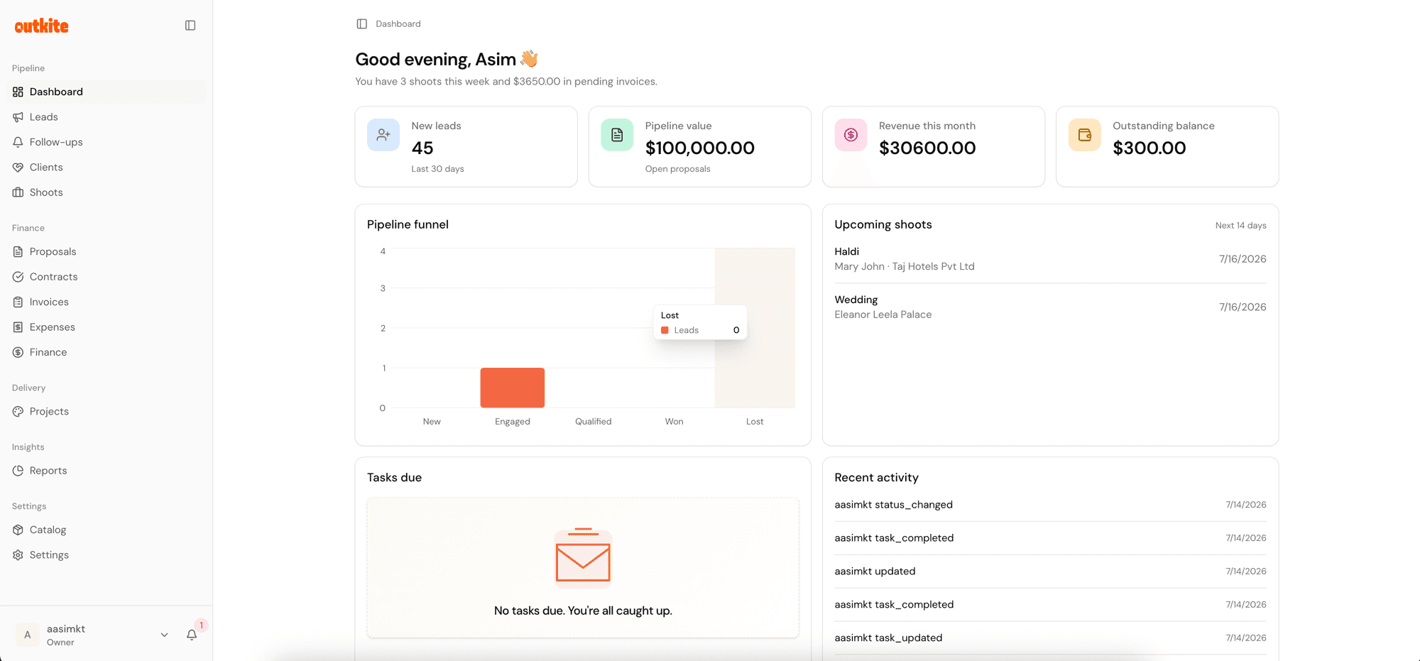 Outkite dashboard showing a wedding studio's work